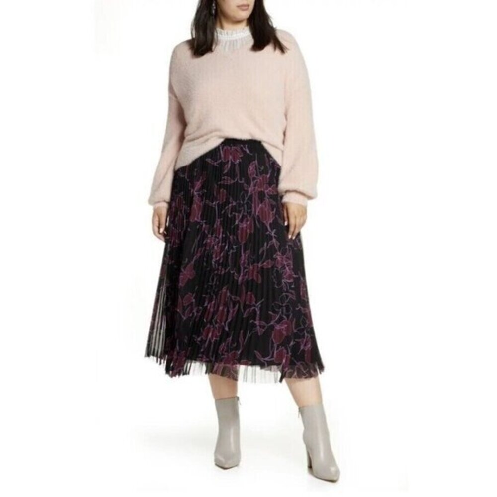 Halogen Floral Pleated Elastic Waist Midi Skirt Pleated Chiffon SZ 1 New